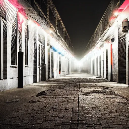 Prompt: empty abandoned city at night, multicolor street lights illuminate a foggy alley, fear