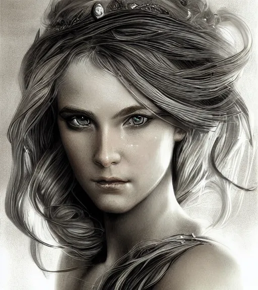 Image similar to beautiful young aphrodite goddess with beautiful piercing eyes and flowing blonde hair, archer, realistic face, black and white drawing, in the style of greg rutkowski, fantasy, amazing detail, epic, intricate, elegant, smooth, sharp focus