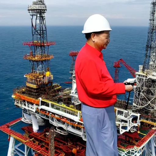 Prompt: xi jinping working on oil platform, wearing hardhat