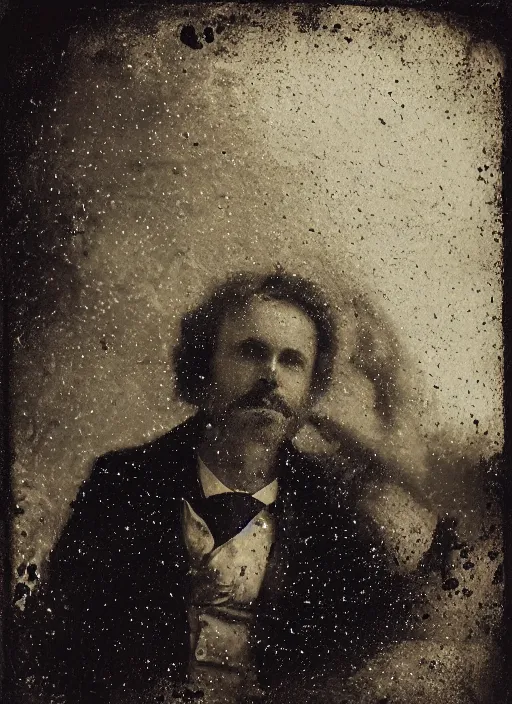 Image similar to old wetplate daguerreotype archetype portrait of a architect dreaming about his creations, explosion of data fragments, fractal, intricate, elegant, highly detailed, parallax, leica, medium format, subsurface scattering, by jheronimus bosch and greg rutkowski and louis jacques mande daguerre