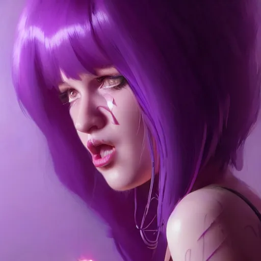 Prompt: stunningly beautiful purple haired female at home studio singing karaoke late at night, very detailed, 4 k, concept art like ernest khalimov, intricate details, highly detailed by greg rutkowski, ilya kuvshinov, gaston bussiere, craig mullins, simon bisley, backlit