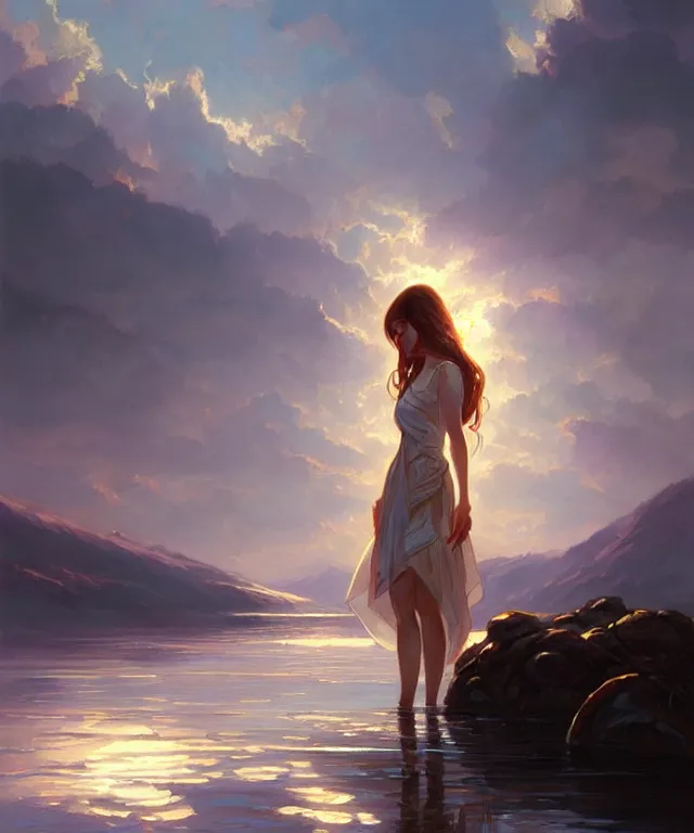 Image similar to emily rajtkowski, lake, elegant, highly detailed, god rays, digital painting, artstation, concept art, smooth, sharp focus, illustration, art by artgerm and greg rutkowski and alphonse mucha