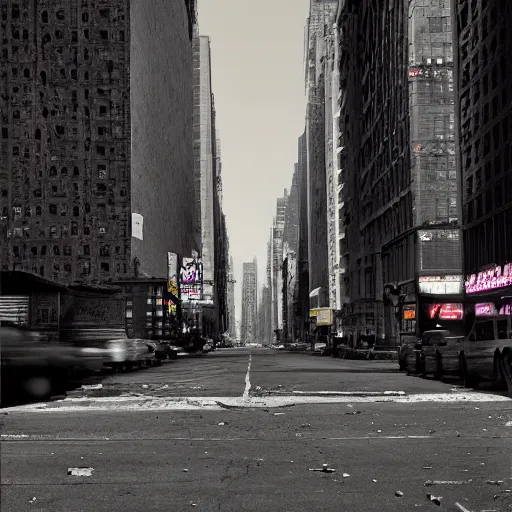 Image similar to color photograph, highly detailed abandoned New York city street at night after the war between humans and AIs, film grain, soft vignette, sigma 85mm f/1.4 1/10 sec shutter, film still promotional image, IMAX 70mm footage