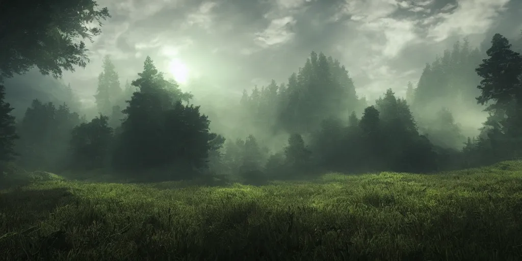 Image similar to wallpaper, landscape, volumetric lighting, epic, mystical