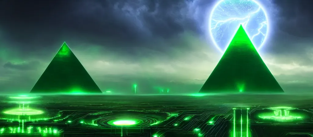 Prompt: the ethereal god of technology bestows the gift of green circuits to humanity. ocean storm burtalist immaculate matte painting. fantastic. velvet and emerald. high key studio lighting. fractal dreams. ancient egypt, trending on artstation, cgsociety, ps 5, uhd 8 k cryengine