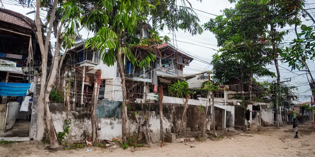 Prompt: street photo view of local sea side house in thailand