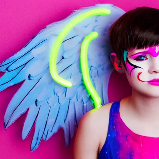 Image similar to photoshoot of a cute young woman with a tomboy hairstyle and angel wings. She has her face painted with neon paint