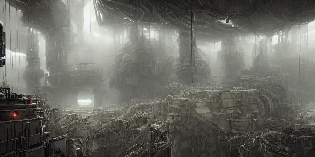 Prompt: a film still from prometheus by ian mcque - endless machine - built underground facility that controls atmosphere, water and power, scale of a city, water - logged, medium shot, waist up, bloom, dark and moody atmospheric, dramatic lighting, behance, game environment design, artstation, photoreal, deviant art,