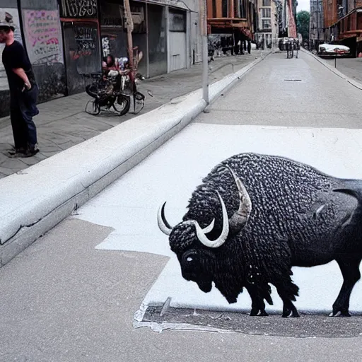 Image similar to a buffalo covered in flour in the middle of the street, graffiti banksy art