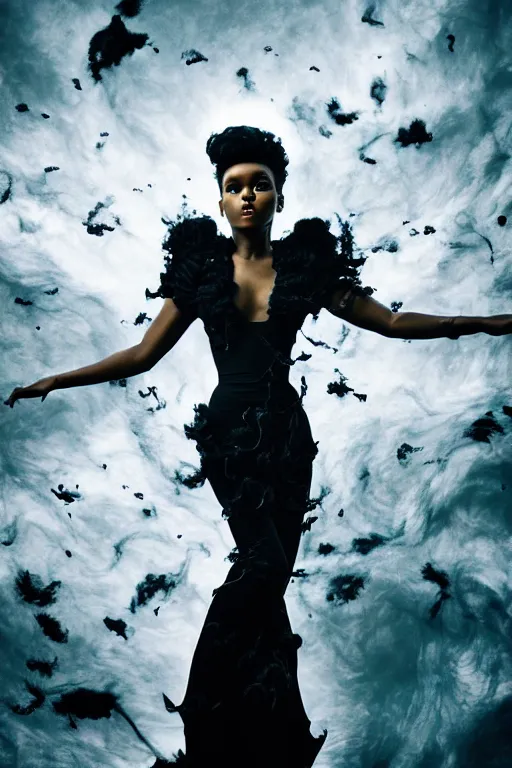 Prompt: photoshoot of janelle monae as mysterious dark goddess of death, realism, clouds, swirling energy, torn fabric, elaborate ornate growth, gilded relief, volumetric lighting, light shafts, ambient light, trending on artstation, by alessio albi