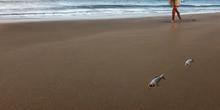 Prompt: fish walking on the beach.