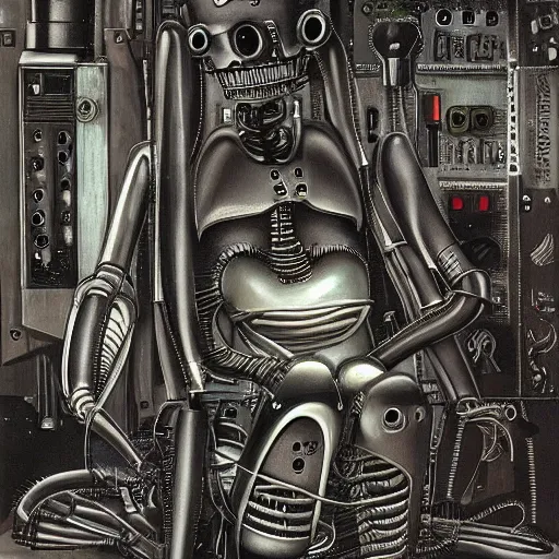 Prompt: a robot with a creepy smile laying down performing an operation on itself, metal, intricate, by h. r. giger