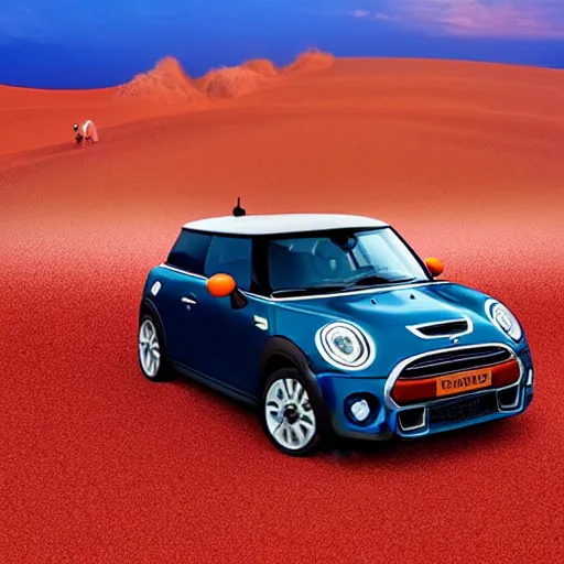 Image similar to mini cooper s, australian beach, red sand, otherworldly science fiction surrealism landscapes. waves. dust. stars. by dr seuss.