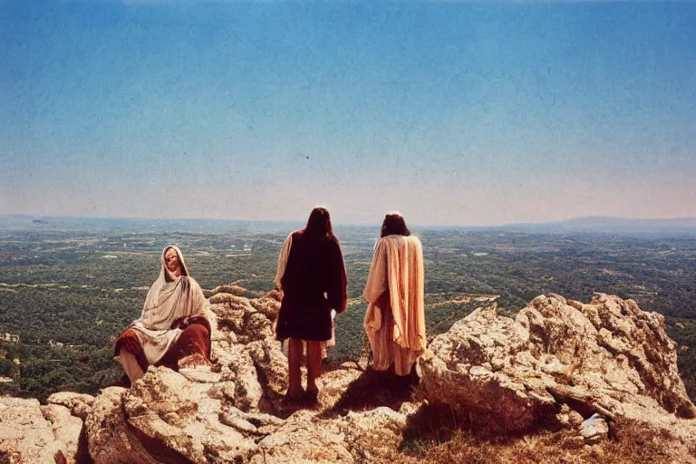 Prompt: a unique old analog color photo of jesus and mary magdalene standing on a cliff looking over a beautiful landscape in languedoc, france, award winning photo, very realistic