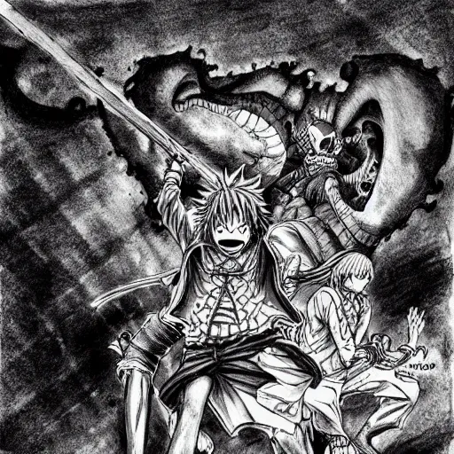 Image similar to One piece Ship, artwork by kentaro miura, Kentaro Miura style, Berserk Style, High details, centered full body pose, zenith angle, dramatic lighting, concept, manga, black and white ink style, a lot of details with ink shadows