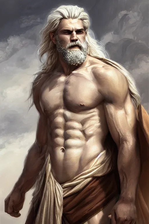 Image similar to painted portrait of rugged zeus, god of thunder, greek god, white hair, masculine, powerful, handsome, upper body, white robe, muscular, hairy torso, fantasy, intricate, elegant, highly detailed, digital painting, artstation, concept art, smooth, sharp focus, illustration, art by gaston bussiere and magali villeneuve