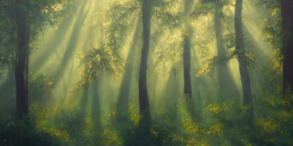 Prompt: An oil painting of an intensely beautiful forest in the morning; rays of light coming through the canopy; trending on artstation; extraordinary masterpiece!!!!!!