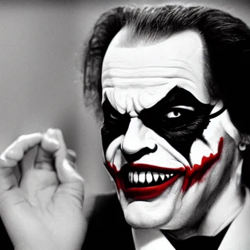 Image similar to jack nicholson as joker working in a cubicle at a computer in 1 9 8 9, fleshtone facepaint coming off, movie still, dslr