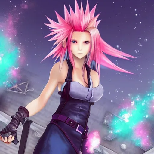 Image similar to final fantasy vii 7 aerith aeris, sci fi fantasy, blue pink green, night industrial environment