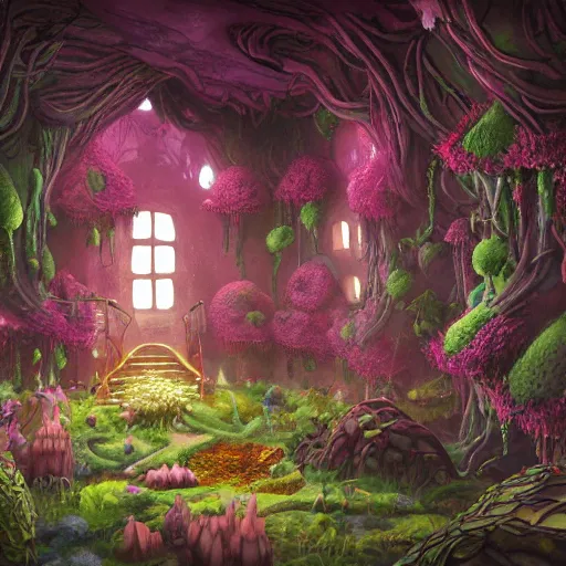 Image similar to concept art painting of a interior of a fungal cozy alien fantasy fairytale house, with black vines and magenta plants, realistic, detailed, cel shaded, dark, in the style of makoto shinkai and greg rutkowski and james gurney