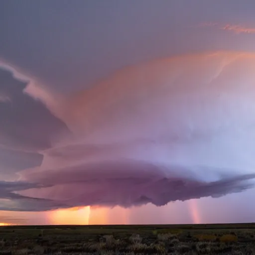 Prompt: high res West Texas storm chaser Laura Rowe captured the picture of a lifetime, fantastic shot of a mature supercell thunderstorm, illuminated at varying heights from the setting sun 4k