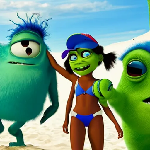 Image similar to Mike Wazowski and Sully playing beach volleyball, bikini, sandy beach,