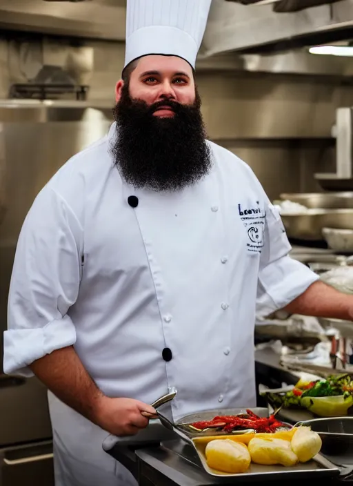 Image similar to portrait photo still of real life school chef jerome mcelroy fat bearded with chef hat in school cafeteria holding a ladel, 8 k, 8 5 mm, f. 1 4