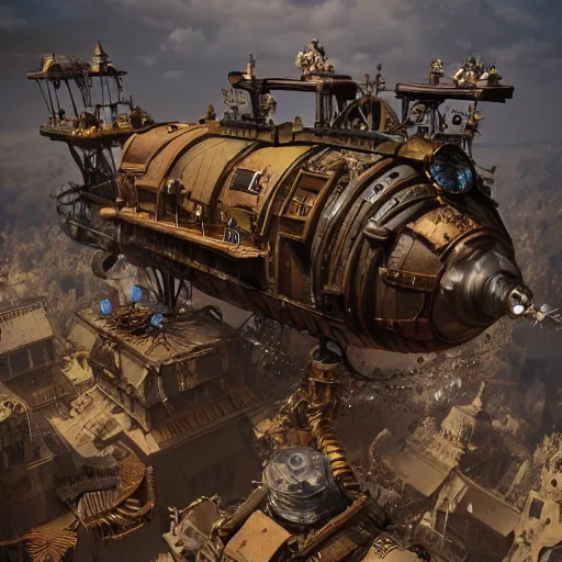 Prompt: flying steampunk fortress, extremely detailed, behrens style, unreal 5 render, fantasy digital art, octane render, beautiful composition, trending on artstation, award - winning photograph