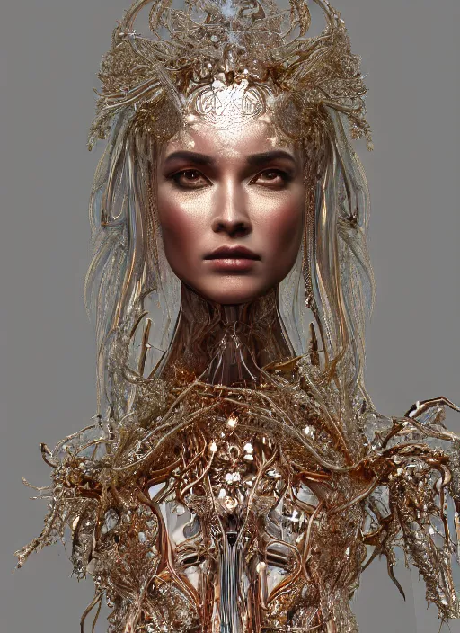 Prompt: beauteous goddess sumptuous face, crystal, gold, copper, bronze biomechanical with incredible iridescent pearlescent voluminous neon hair, crystalline masterpiece incrustations, h. r. giger, hyperdetailed face, elegant pose, movie still, intricate, octane render, cinematic forest lighting, unreal engine, crepuscular rays, god rays