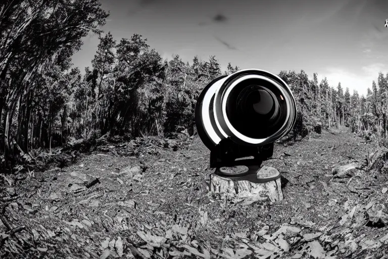 Prompt: fisheye view of a trail cam on an alien planet, a curious alien carnivore looking into the camera, black an white, infrared, 4k realistic