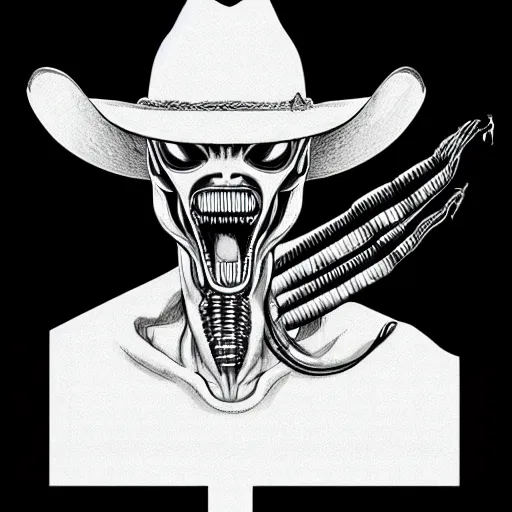 Image similar to a pencil sketch of a xenomorph alien wearing a cowboy hat, white background, fine detail, black and white