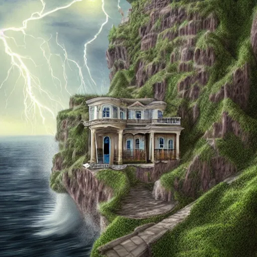 Image similar to Ultra Realistic Hyper detailed Fantasy view of a Haunted Mansion overlooking the cliffs edge where ocean waves are crashing during a lightning storm