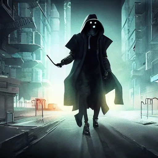 Image similar to cyberpunk inspired plague doctor hacking, 4 k, stunning, shifted angle