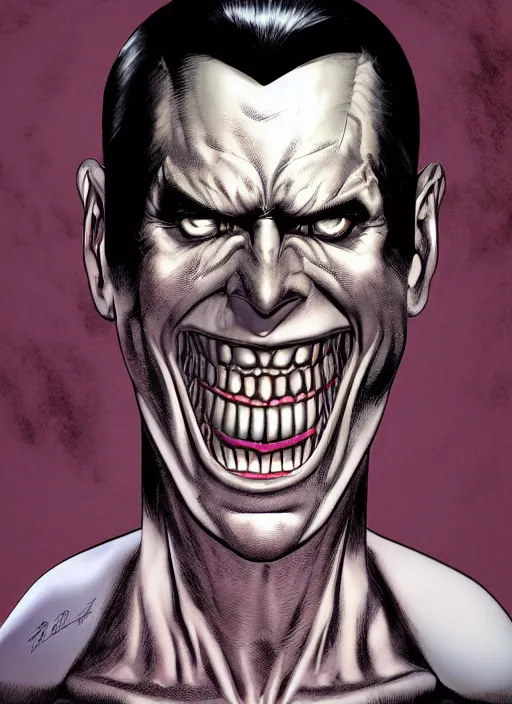 Prompt: aesthetic digital illustration of a handsome grinning young man by brian bolland, rachel birkett, alex ross, and neal adams | dark, scary, character concept, concept art, unreal engine, finalrender, centered, deviantart, artgerm