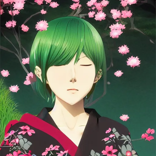 Prompt: anime key visual of a woman with short green hair meditating near a japanese spring by ilya kuvshinov