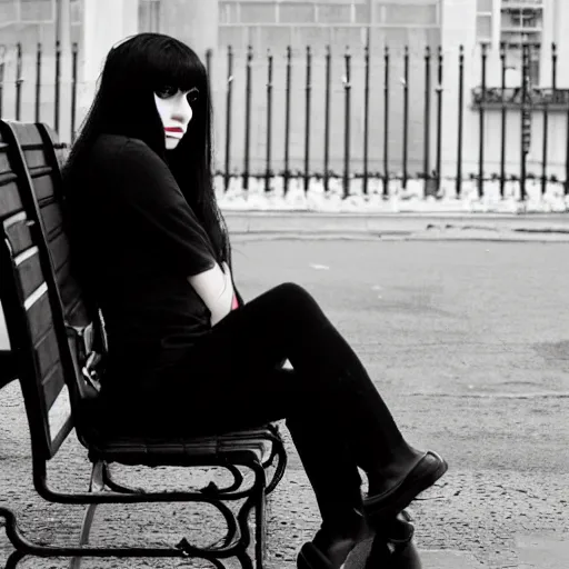 Image similar to an emo goth girl sitting on a bench in front of a British house on a freezing cold day, 2006, black hair