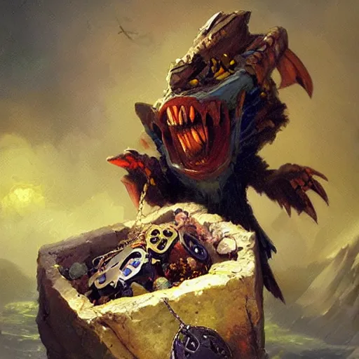 Prompt: Mimic eating gemstones on a treasure pile, oil painting by Greg Rutkowski