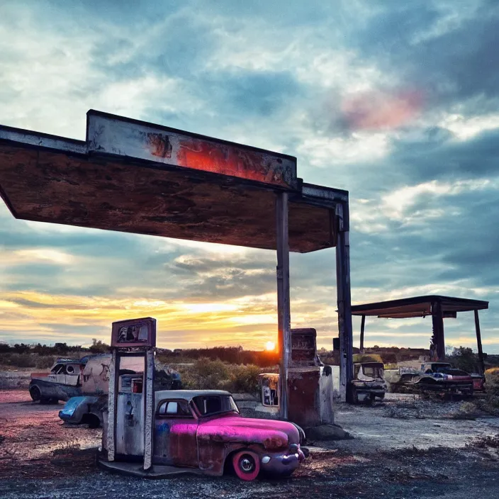 Image similar to a sunset light landscape with historical route 6 6, lots of sparkling details and sun ray ’ s, blinding backlight, smoke, volumetric lighting, colorful, octane, 3 5 mm, abandoned gas station, old rusty pickup - truck, beautiful epic colored reflections, very colorful heavenly, softlight