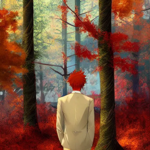 Prompt: stoic young man with red tipped hair that is otherwise green wearing a cream colored suit shedding a single tear standing before a lake in an autumnal forest, digital art, oil painting inspiration, yoji shinkawa inspiration, anime inspiration, artstation