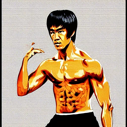 Prompt: portrait of bruce lee, white background, in style of think different poster, highly detailed, symmetry