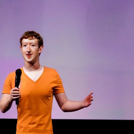 Image similar to mark zuckerberg in drag on stage, he is fulfilling his dreams, spotlight, beautiful, elegant, wide shot, live on stage, extreme detail