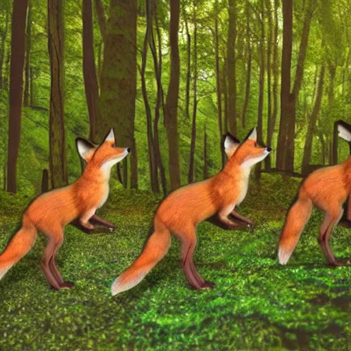 Image similar to an enchanting forest, foxes stand on their hind legs, look at the sky and wave goodbye with their forelegs. there is a purple unidentified flying object in the sky. fantasy. realistic photo. very clear shots.