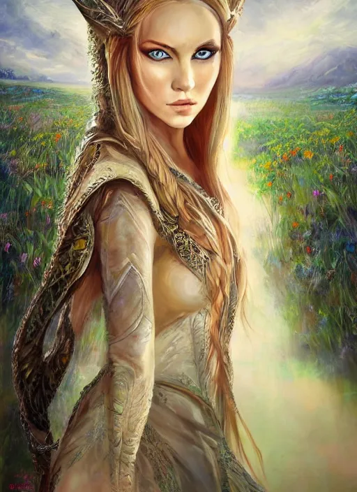 Image similar to an oil canvas painting of beautiful full body concept art beautiful face and beautiful eyes, elven female rogue wearing full intricate clothing standing in a field, soft focus, interesting lights