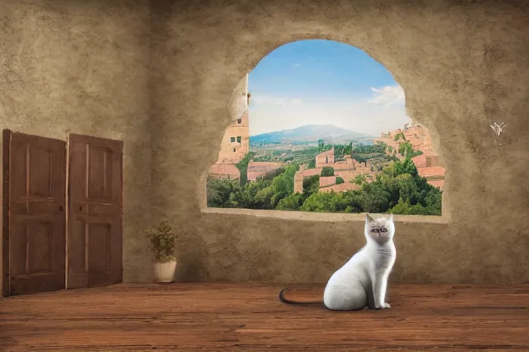 Image similar to a very very very very detailed matte painting of wide angle view on Cute Cat in Provence style Room,