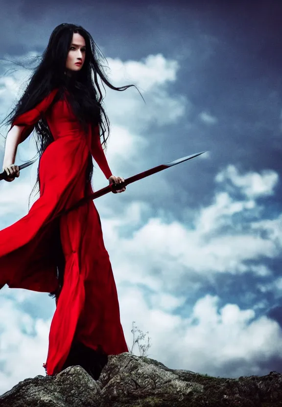 Image similar to a lone beautiful fierce long black haired woman wearing red dress wielding black longsword posing heroically, heavenly sunlit clouds background, close up shot