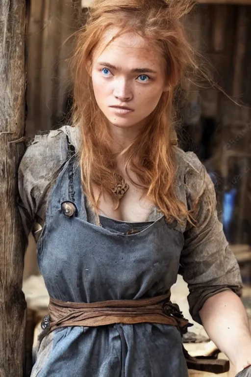 Image similar to female blacksmith, very burly. strawberry - blonde hair, many freckles. resembles natalia vodianova