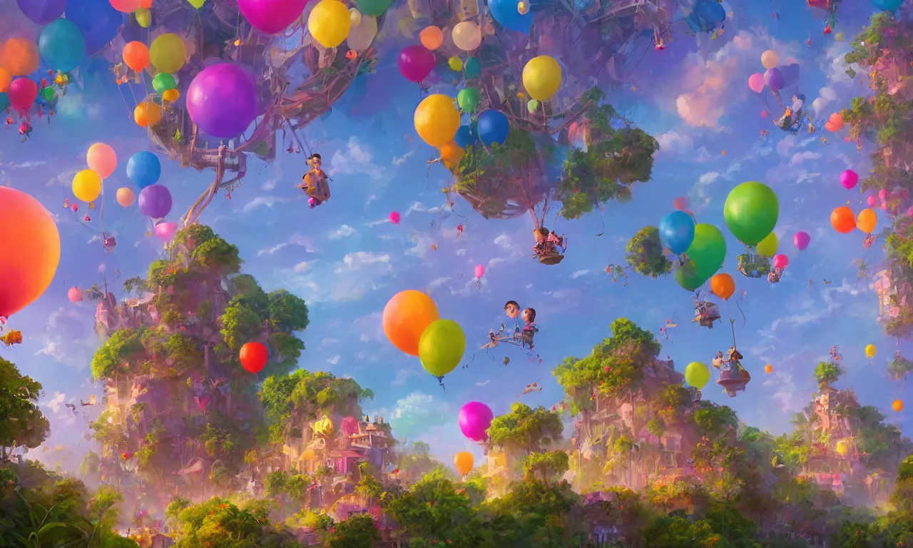 Prompt: the house from the movie UP by pixar flying on thousands of multi-colored brightly lit balloons flying through, Deep tropical jungles of Southeast Asia in august, trending on artstation, 30mm, by Noah Bradley