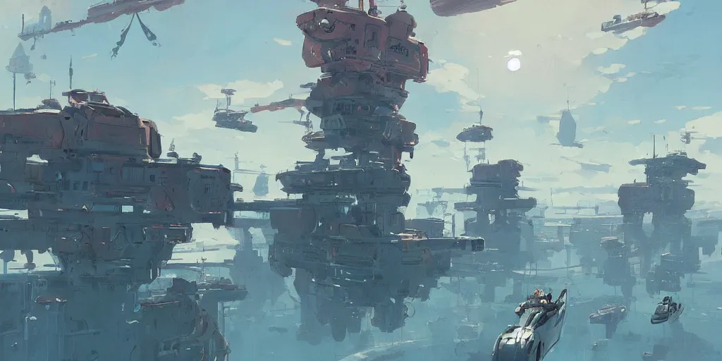 Prompt: floating ships at a sky harbour by Ian McQue, sunny day, epic atmosphere, Trending on Artstation, serene, calm