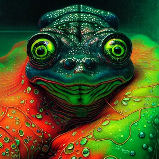 Prompt: low angle shot of a wet cyberpunk frog submerged in water and Casey Weldon and Chie Yoshii, dynamic particulate, rich colors, intricate, elegant, highly detailed, centered, digital painting, artstation, concept art, smooth, sharp focus, illustration, octane render