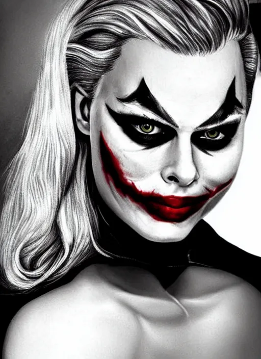 Prompt: a drawing margot robbie with joker makeup, ace card, realistic face, black and white, hyper realistic, highly detailed